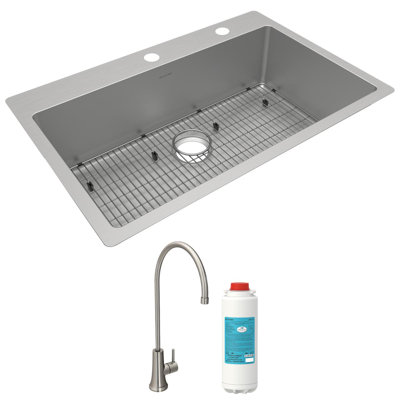 Elkay Crosstown 18 Gauge Stainless Steel 33" X 22" X 9", Single Bowl Dual Mount Sink Kit With Filtered Beverage Faucet