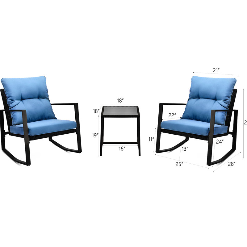Bistro d'extérieur Modern 3 - chaises berçantes coussinées bleues pour jardin, pelouse, balcon