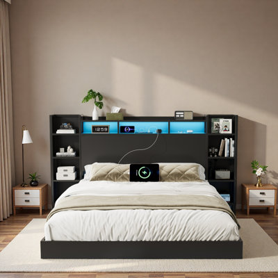 Soft And Springy Texture/simple Yet Elegant/comfortable Sleep Aid Full Size Floating Bed Frame with USB Charging Station, Storage Headboard and with Led Light, Heavy Duty Metal Platform Bed Frame, No Box Spring Needed