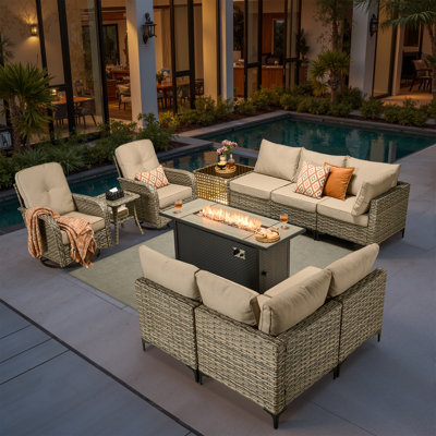10 Piece Patio Furniture With Fire Pit Table, Outdoor Rattan Wicker Conversation Set With Glowing Coffee Table, Comfy Sectional Sofa Set With Swivel Rocking Chairs For Porch Balcony Backyard Pool