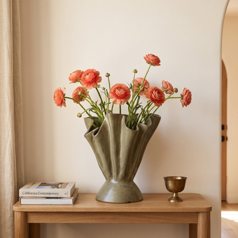 Stoneware Ruffled Vase with Reactive Glaze, Sage