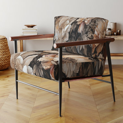 Fauteuil traditionnel en velours crème et marron à motif de pivoines en mouvement, fauteuil d'appoint à motif floral pivoine