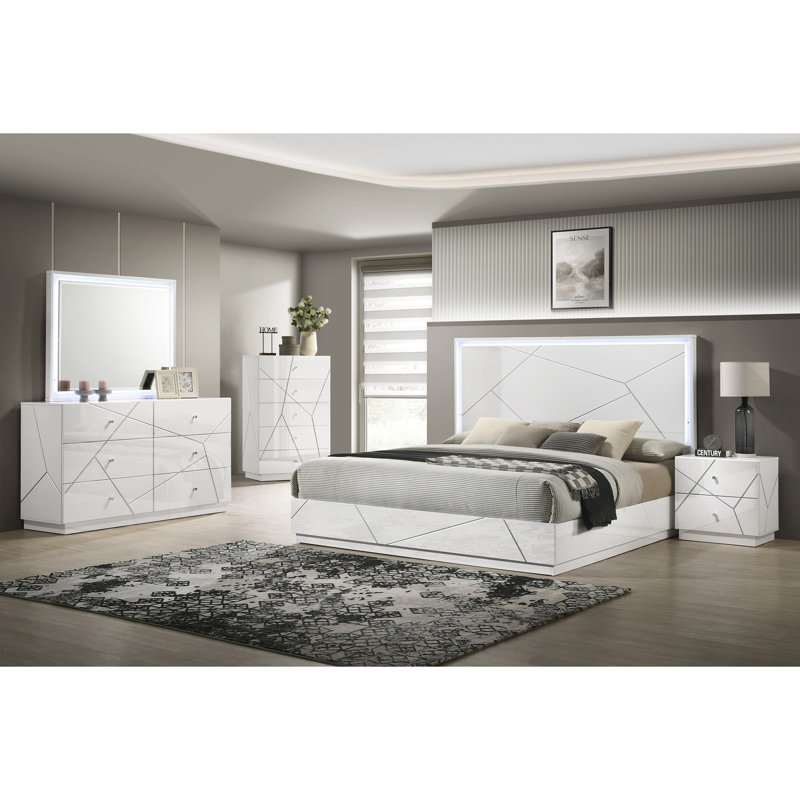 Table de chevet Manhattan - Laque avec motif géométrique et tiroirs doublés de velours pour les chambres à coucher modernes (NJ Stock)