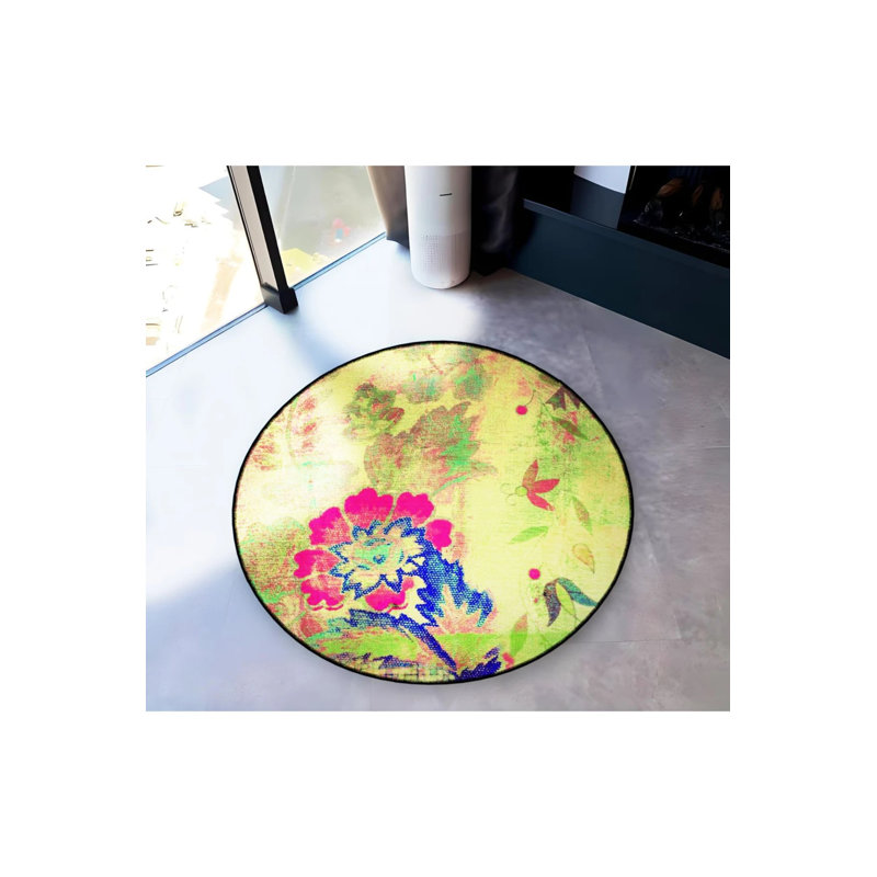 Green Multicolored Floral Detailed Woven Base Modern Decorative Carpet, Round 4'