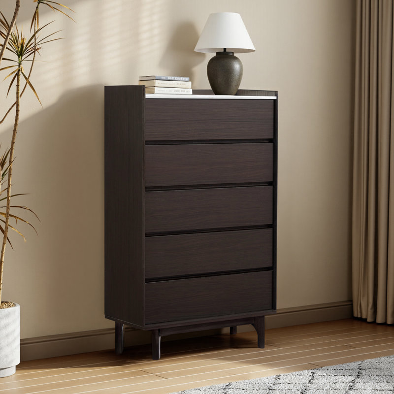 31.4'' 5 Drawer Dresser, Modern Wood Dresser with Marble-Style Top, Bedroom Storage Chest, Modi Wenge