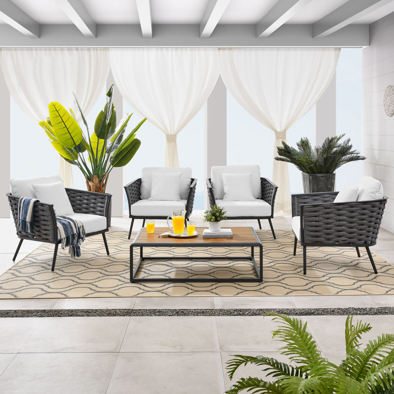 Modway Stance 5 Piece Outdoor Patio Aluminum Sectional Sofa Set, White, Gray