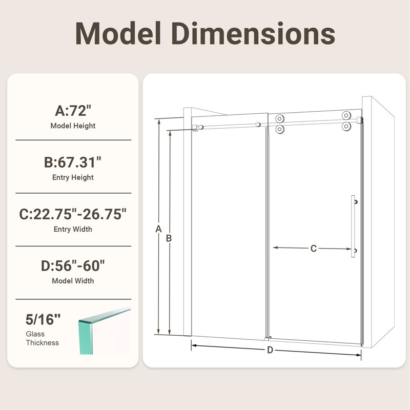 56"-60"W*72" H Frameless Single Sliding Shower Door – 5/16" (8Mm) Clear Tempered Glass, Bypass Design With Brushed Gold Finish