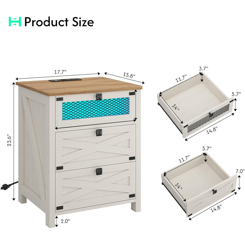Table de chevet de style campagnard pour chambre à coucher, table de chevet rustique rétro avec station de charge et lumières à DEL, table de chevet à 3 tiroirs, table de bout d'appoint rétro avec rangement