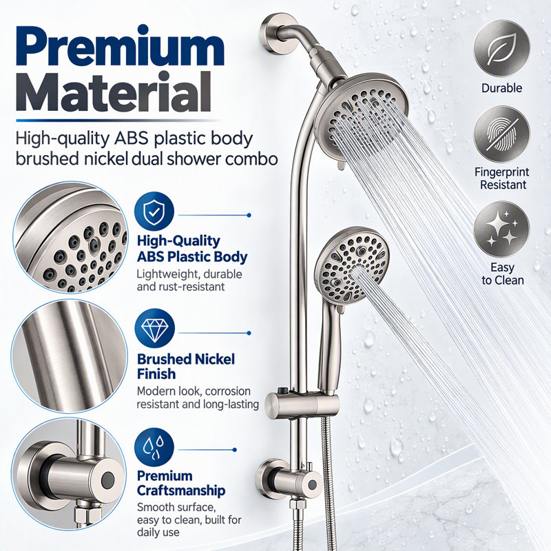 Ensemble de douche à double pommeau haute pression, pommeau de douche effet pluie avec douchette à main, barre de douche coulissante de 66 cm sans perçage, flexible de 1,5 m et inverseur à 3 voies, fini nickel brossé, robinetterie non incluse