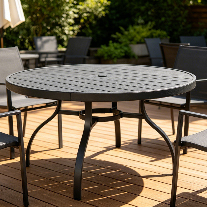 Table de salle à manger ronde en faux bois à lattes de 47 pouces avec pattes en fer noir antirouille pour terrasse de jardin