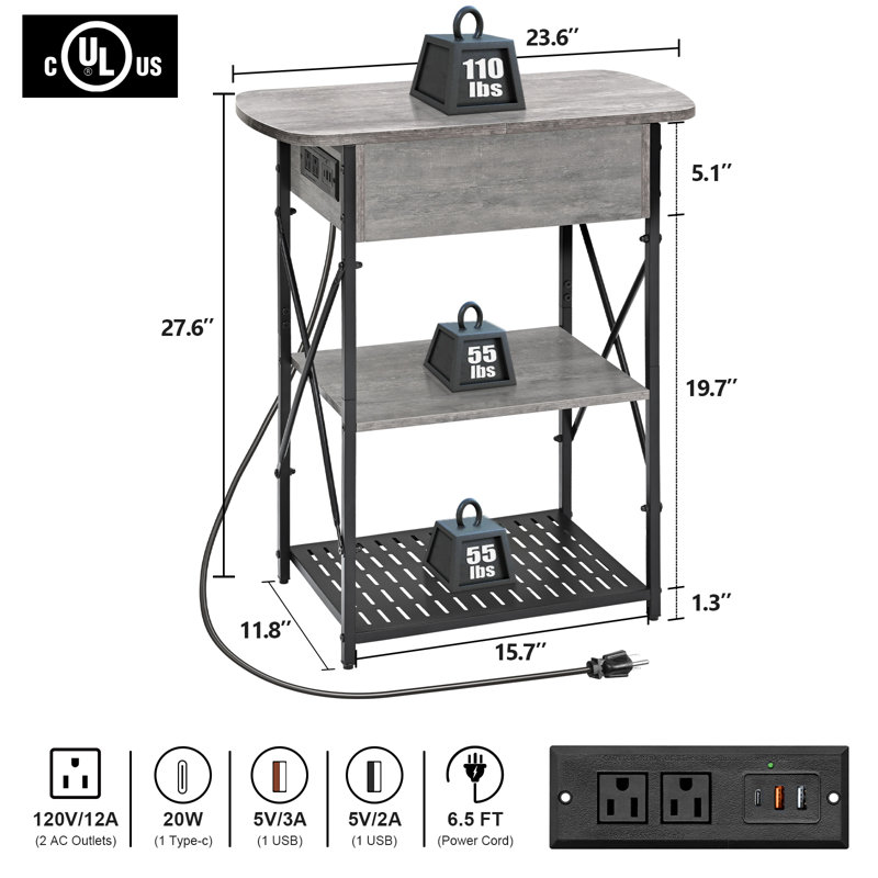 Gray Flip Top End Tables with Charging Station and Storage