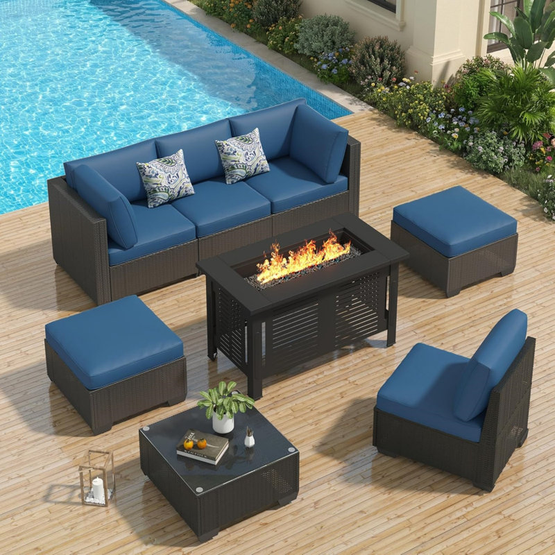 Wicker 6 - Person Garden Lounge Set with Cushions, Dark Blue