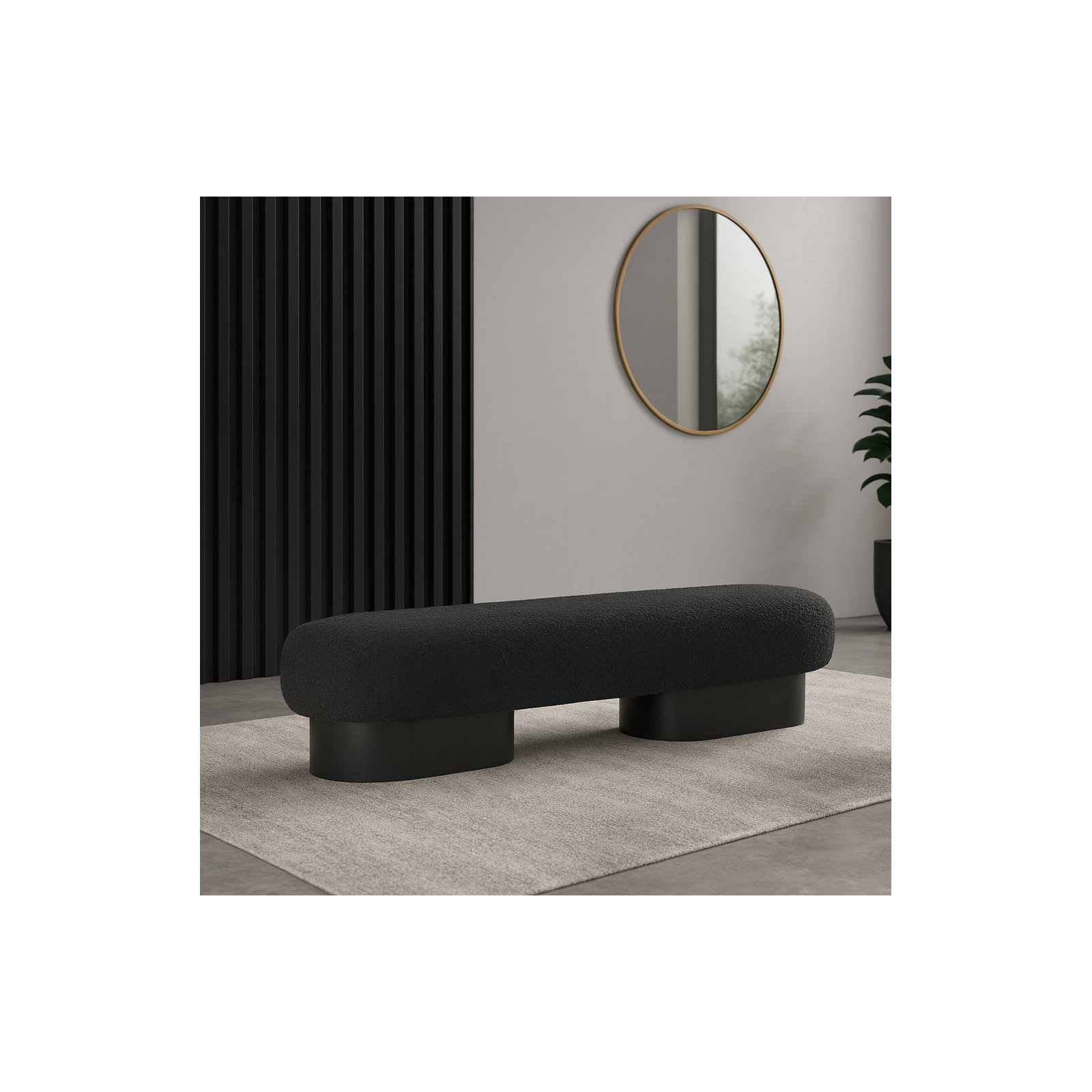 Denyer Boucle Fabric Upholstered Bench, Black, Black Boucle Fabric