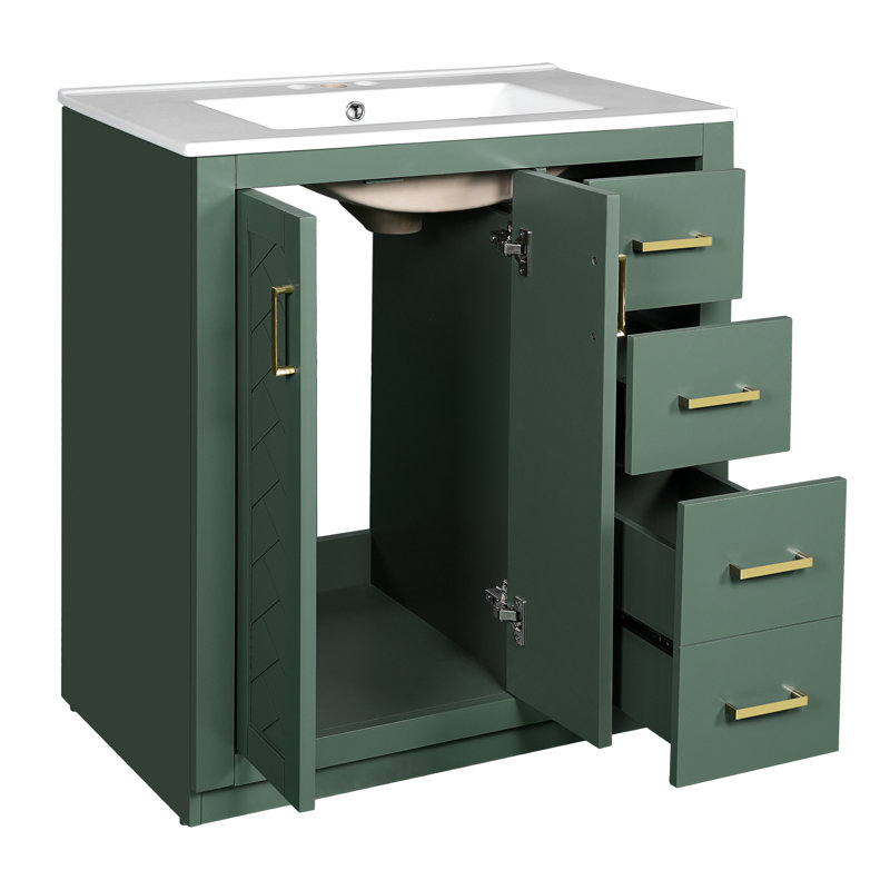 Meuble-lavabo de 30 po avec cadre en bois massif, charnières, planches, rangement spacieux pour les articles de toilette, style rétro et produits uniques à motif de rainures,