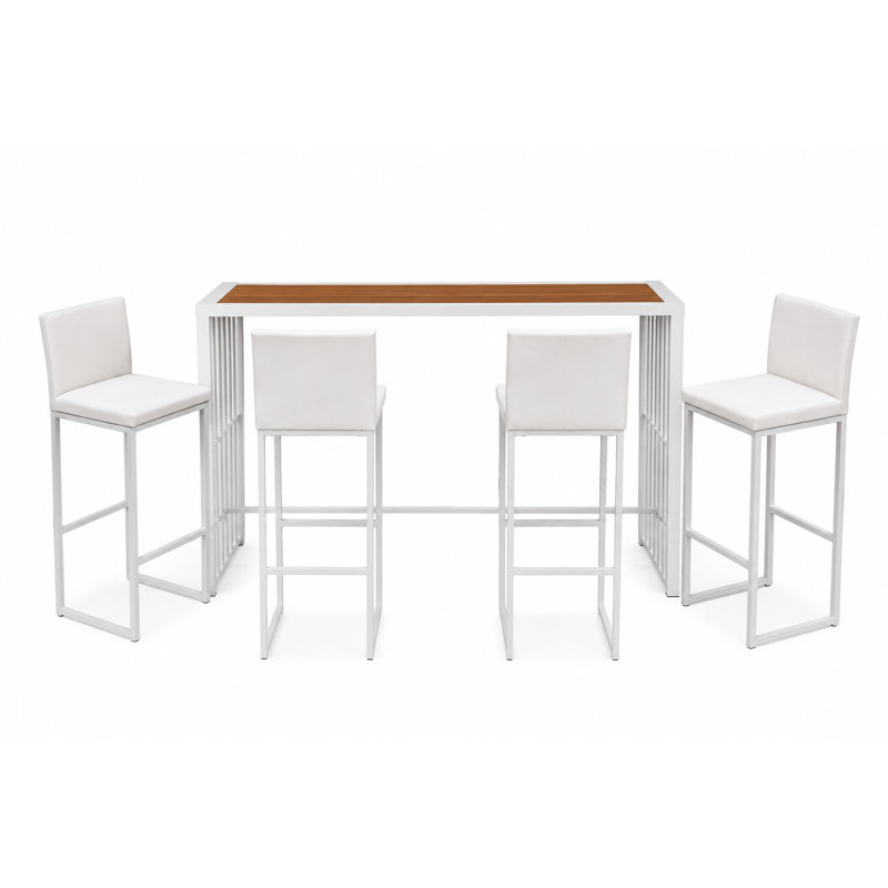 Ensemble de bar extérieur Milo 5 pièces en aluminium – Table de bar de patio de 180 cm avec plateau en polyrésine de couleur teck et 4 tabourets de bar en maille à séchage rapide, entièrement assemblé