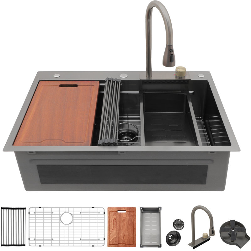 Évier de cuisine en acier inoxydable de calibre 16 de 33 po x 22 po avec robinet coulissant, laveuse de tasses et grille de vaisselle pour planche à découper