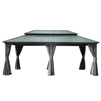12' X 20' Gazebo, Aluminum Metal, Galvanized Steel Roof, Netting For Patio Gathering Curtain Relaxation