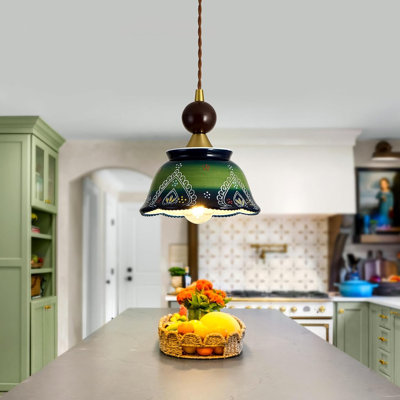 Suspension vintage en céramique, 1 lumière, verte, cordon réglable, style industriel, idéale pour îlot de cuisine ou bar.
