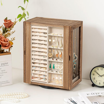 Boîte de rangement de bijoux rotative à 360 °, rangement pour bijoux en bois rustique avec 5 tiroirs, portes en verre et conception ouverte verticale pour boucles d'oreilles, bagues, colliers et bracelets