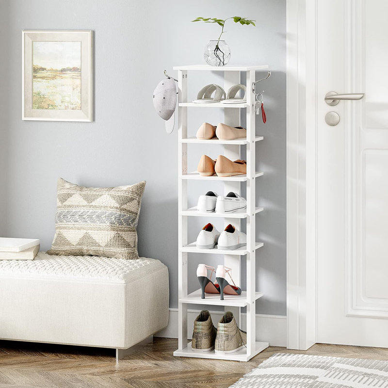 8 Tiers Vertical Shoe Rack, Wooden Shoe Storage Organizer With Hooks, Narrow Shoe Tower For 8 Pairs, Space Saving, For Entryway, Living Room, Bedroom, White