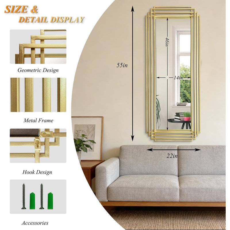 Grand miroir décoratif rectangulaire 55 "x22" avec cadre en métal doré