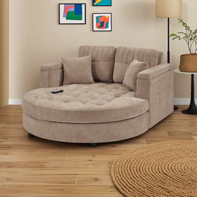 2-Seater Curved Upholstered Chaise Lounge Sofa with Tufted Seat, Vertical Stitch Backrest and Storage Armrest