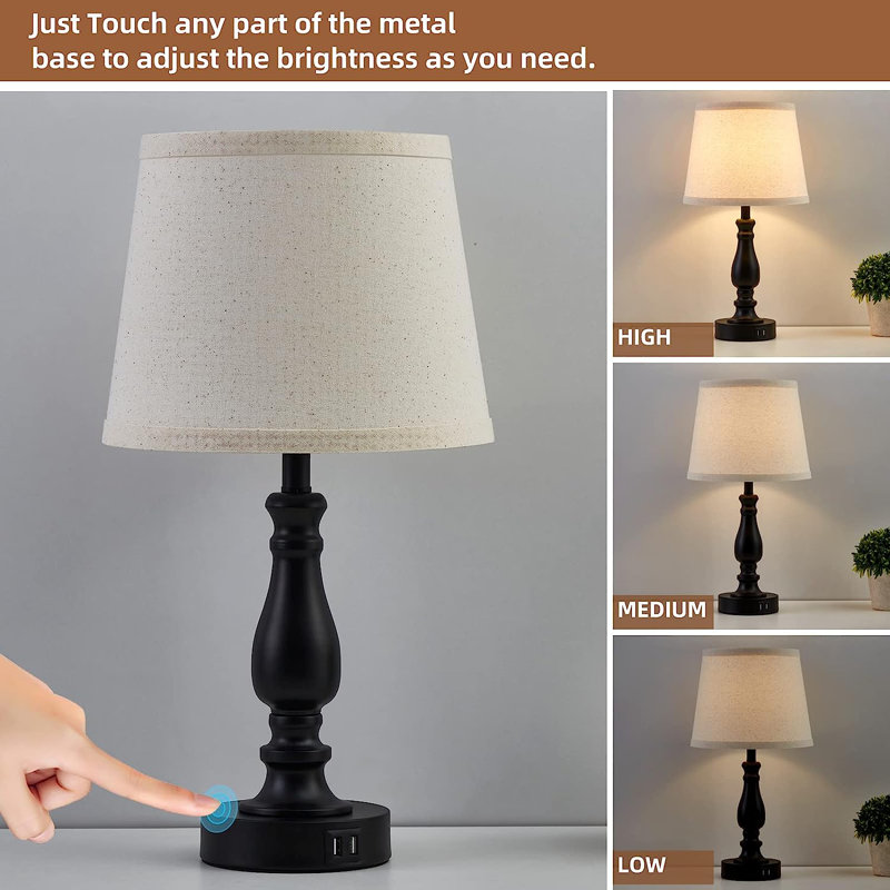 Black Touch Table Lamps with Light Oat Fabric Shades, Set of 2