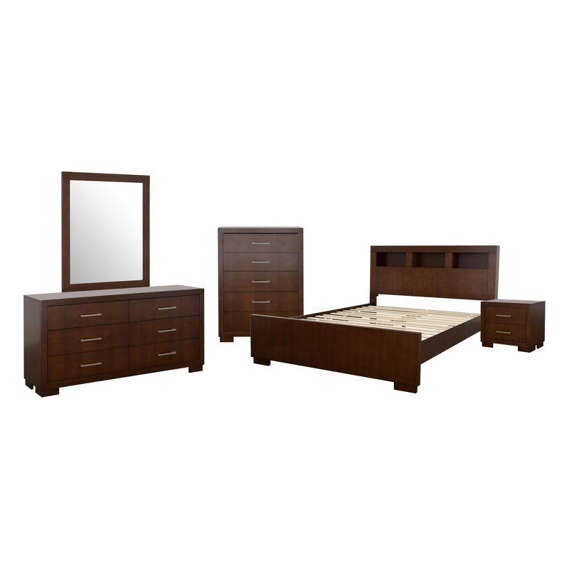 Ensemble de chambre à coucher Cappuccino, 5 pièces : lit, table de chevet, commode, miroir, Queen