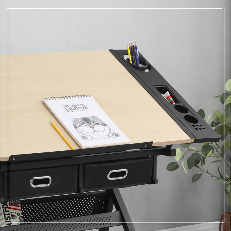 adjustable drawing drafting table desk with 2 drawers for home office and school with stool