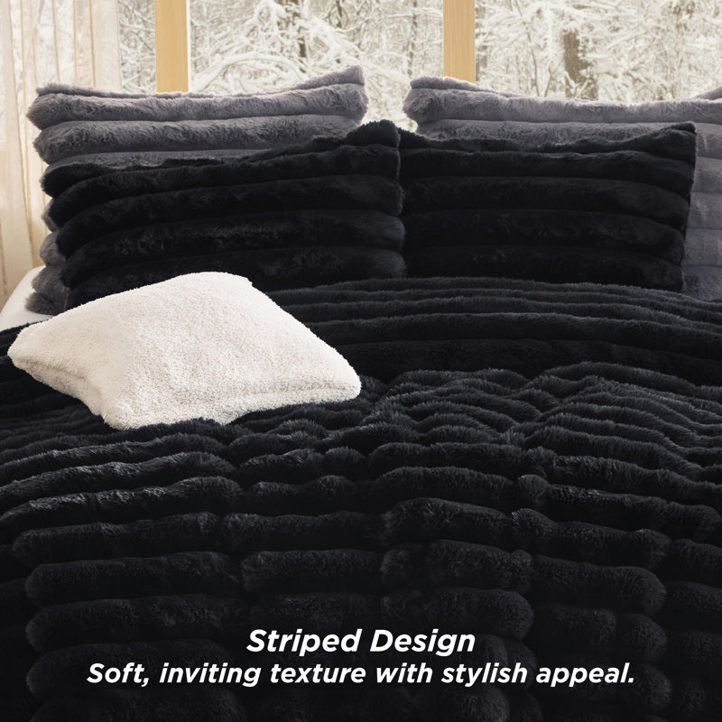Bedsure Faux Fur Comforter Set, King Comforter + 2 King Pillowcases, Black