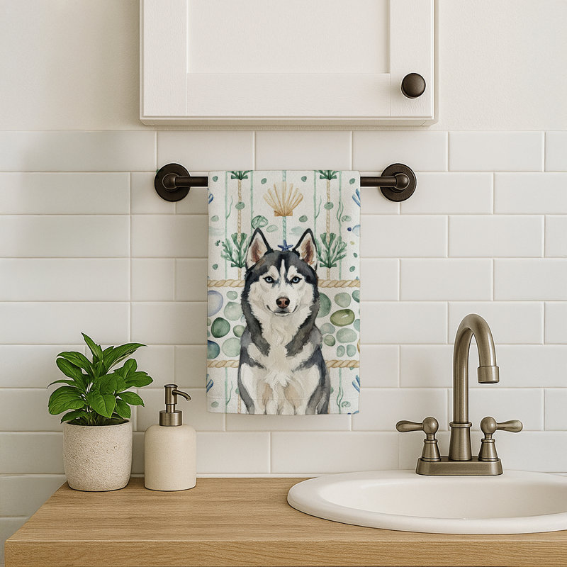 Siberian Husky Coastal Sea Glass Kitchen Towel, Siberian Husky