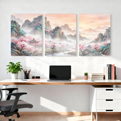 Cherry Blossom Mountain paysage sur toile tendue, reproduction d'art sur toile, ensemble de 3, pour salon, chambre à coucher, décoration intérieure