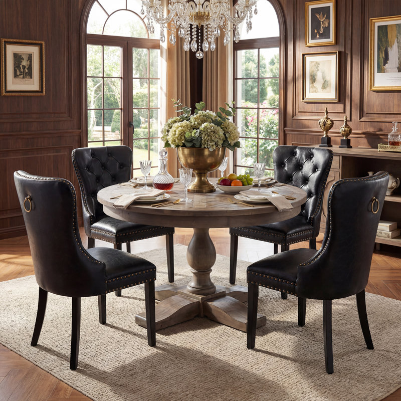 Modern Upholstered Faux Leather Dining Chairs Set Of 2 Mid Century Dining Room Chairs Tufted Ring Back Kitchen Dining Chairs Comfortable Side Chairs With Nail Head Trim