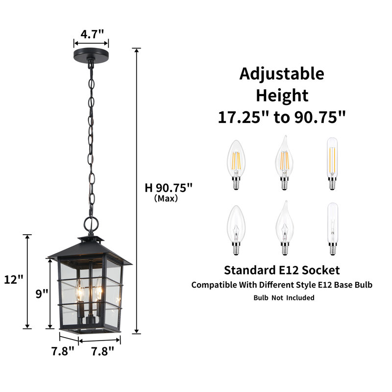 90"H Adjustable Farmhouse Outdoor Pendant Light Black