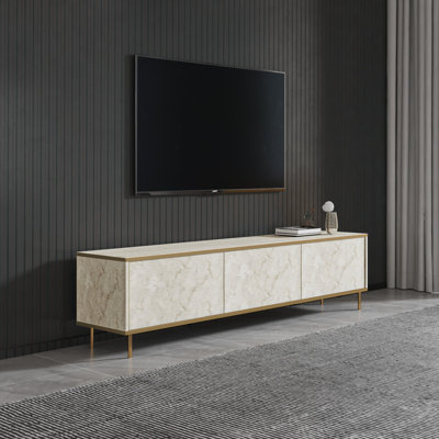 Elegant Modern TV Stand with Numerous Shelves, Travertine & Gold Finish, 70.9 x 17.7 x 17.3 inches | 100% Melamine Coated Particle Board, Thickness: 0.7 inches | Wall-Mountable, Push to Open Doors, Stylish & Functional Design