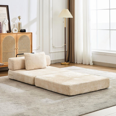 Convertible Floor Bed , Single Seater, Compression, Boneless, No Assembly, Beige Chenille For Small Apartment Seater Compression With Fixed - Shape Frame, Fabric Bedroom And Living Room