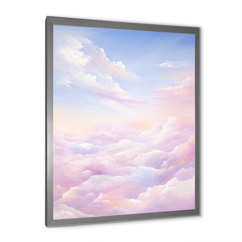 " Pink Clouds Scenery Minimalism ", Silver Single Picture Framed, 44" H x 34" W x 1.5" D