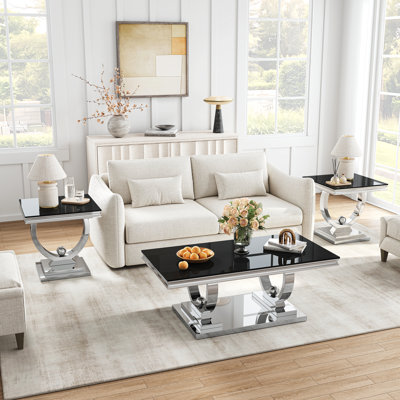 Ensemble de table de salon en verre 3 pièces Blum, 1 table basse et 2 tables de bout, plateaux en verre trempé miroitant et bases en U en acier inoxydable, style moderne