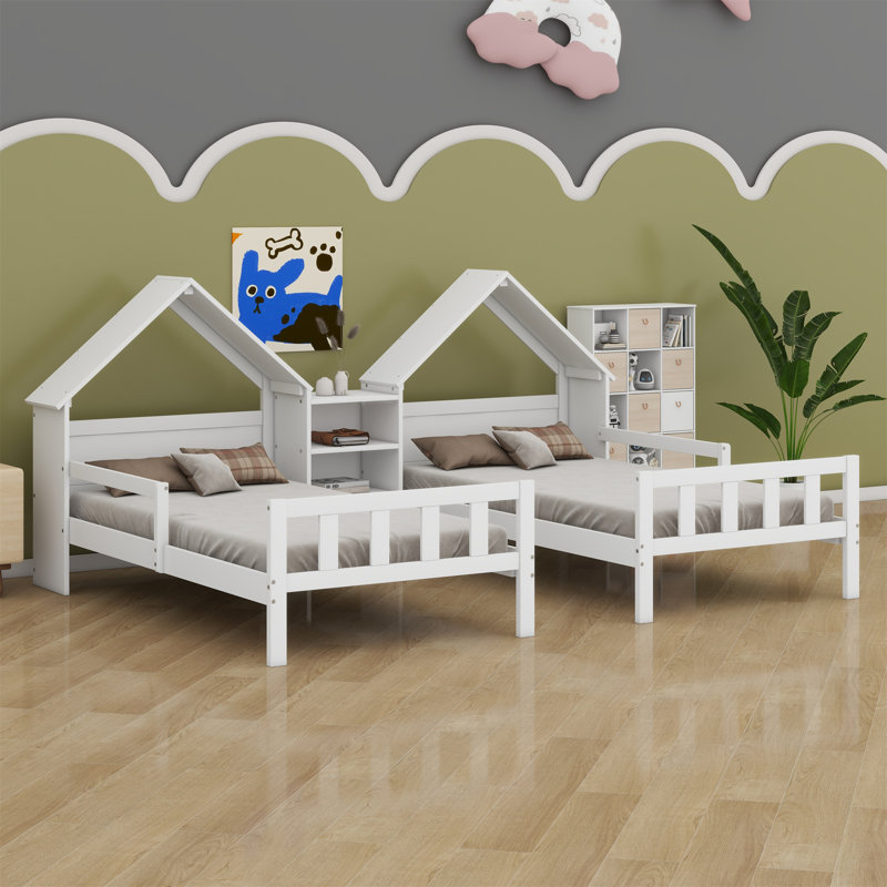 Lit plateforme simple double avec table de chevet intégrée, Blanc