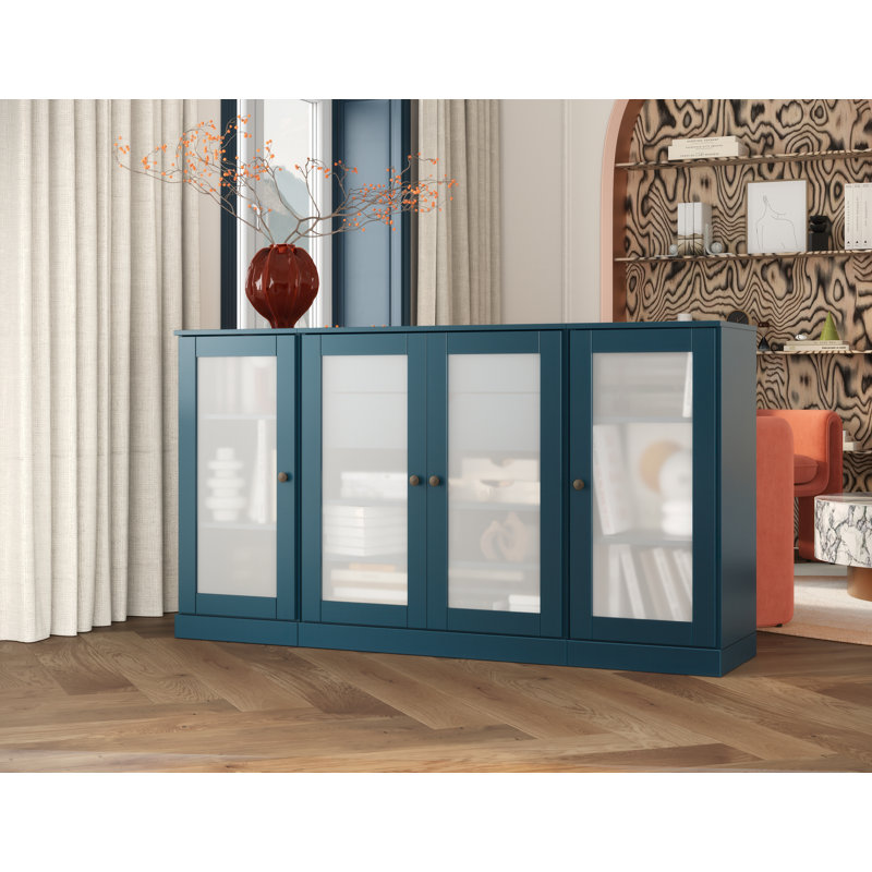 100% Solid Wood 65" Sideboard with Frosted Glass Doors, 2-Drawers and Adjustable Shelves, Teal Blue