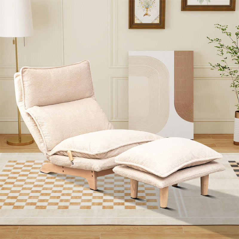 Chaise longue inclinable en tissu avec dossier réglable et repose-pieds, Beige
