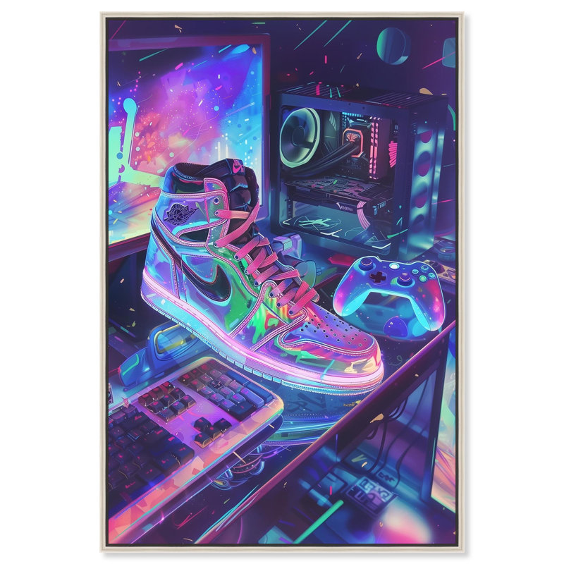 Toile «Neon Gaming Set Up» par Art Remedy, H 16 po x l 11 po, Argent, Cadre flottant