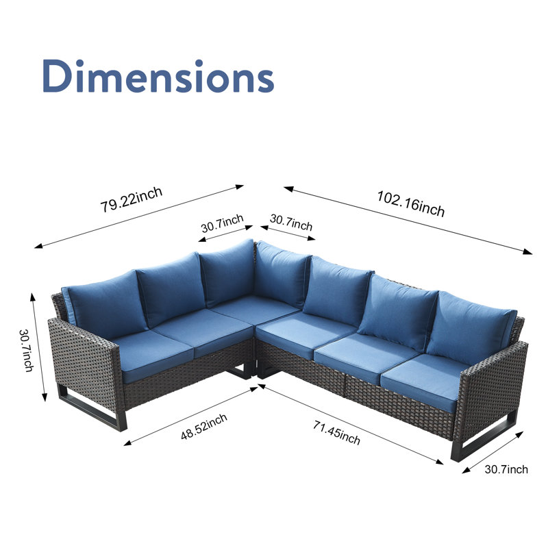 Canapé modulaire d'extérieur en osier de largeur 105,1 po avec coussins Nazime, Bleu, Brun