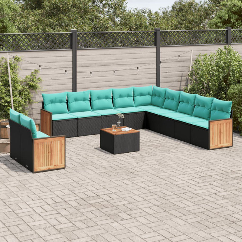 Ensemble de canapé de patio 12 pièces avec coussins en rotin de polyester, Bleu clair, Noir