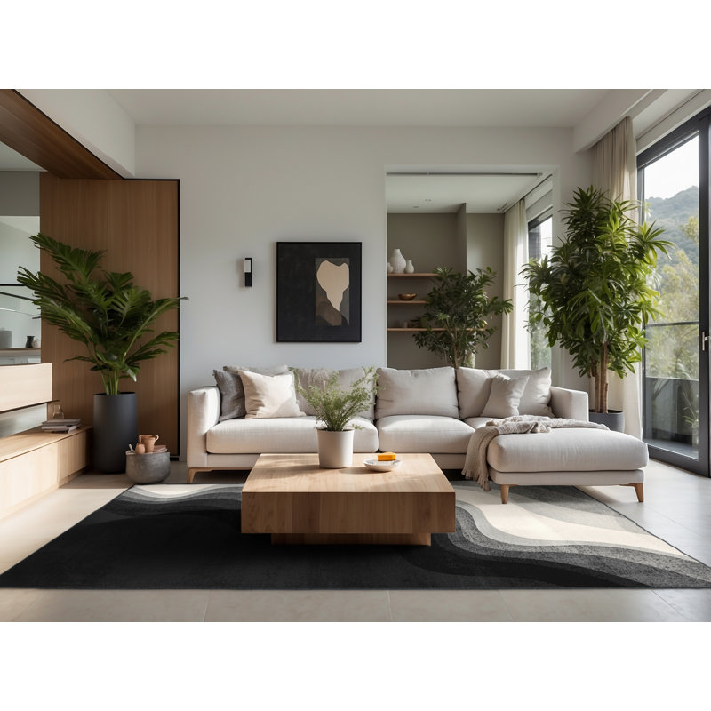 Tapis ombré doux et moelleux moderne et contemporain en gris - reliure noire, Carré 4 pi