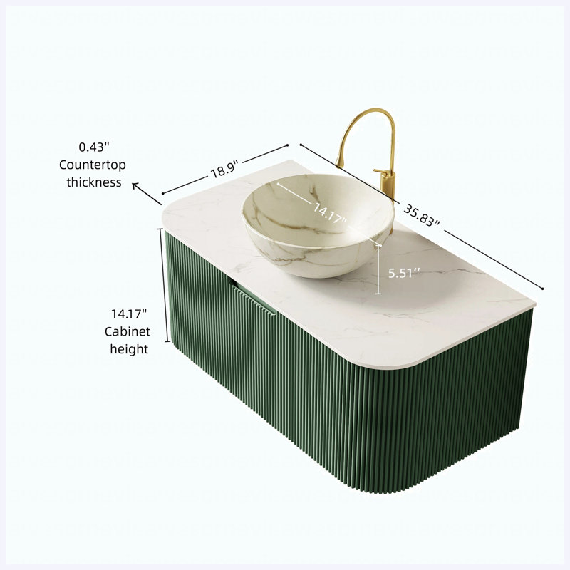 Meuble-lavabo flottant vert foncé de 24 po avec lavabo, armoire en contreplaqué rayé à bords arrondis, vasque blanc mat, plateau en pierre frittée, pré-assemblé