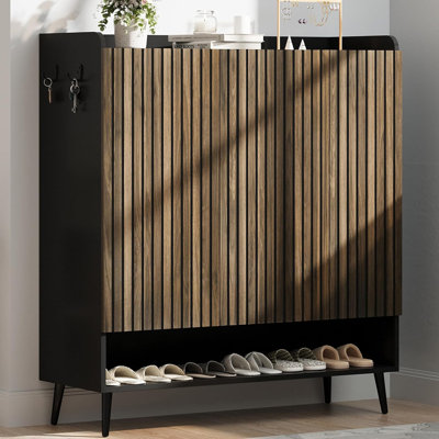 Shoe Cabinet Large Shoe Cabinet with 3 Doors Adjustable Shelves Shoe Organizer with Doors for Hallway Entryway Living Room Black+Nut -Brown