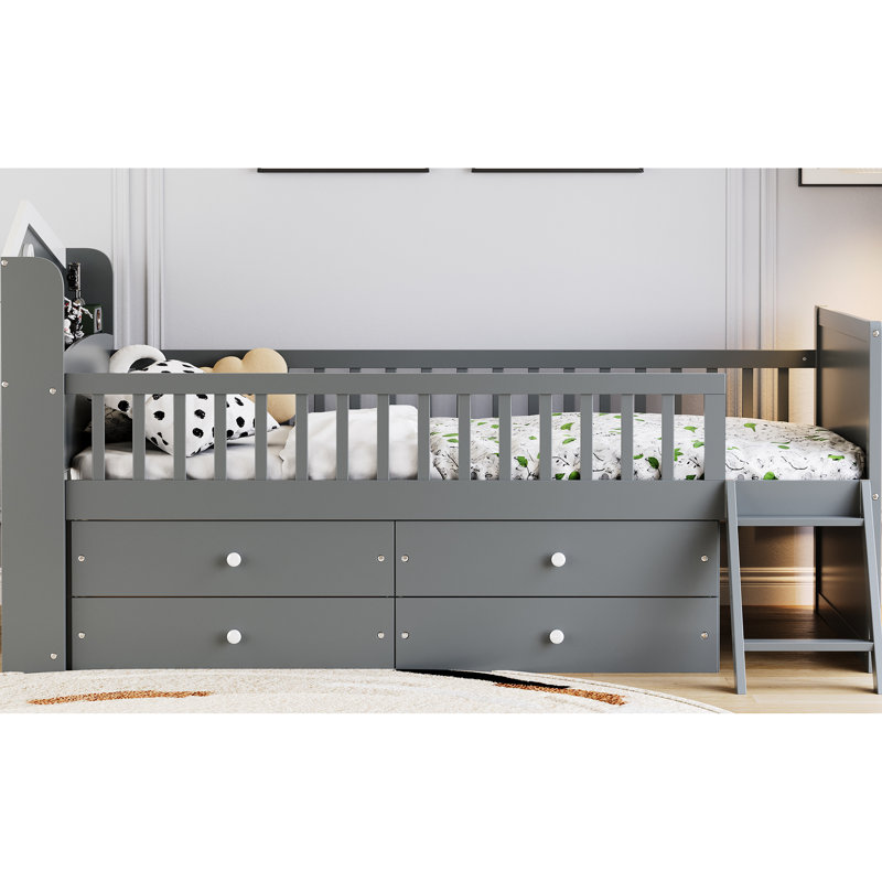 Lit plateforme gris avec 4 tiroirs, garde-corps, tablette de tête de lit et sous-espace, conçu pour être facilement assemblé, cadre gris, tête de lit style maison, rangement pour escalier à 2 marches, lit, sans sommier