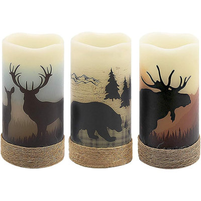 Flameless LED Pillar Candles – Ivory – Set Of 3 Rustic Wax Candles With Hemp Rope And Animal Decals, Battery Operated With 6-Hour Timer