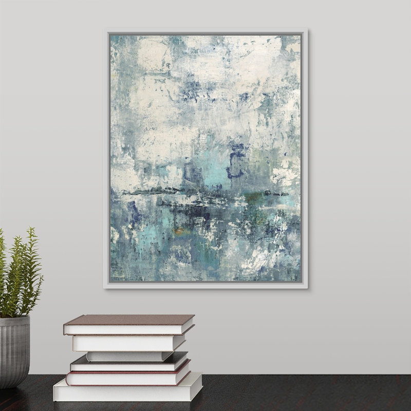 « the huître lit v », peinture sur toile, H 15,7 po x l 12,7 po x P 1,75 po, Cadre flottant blanc